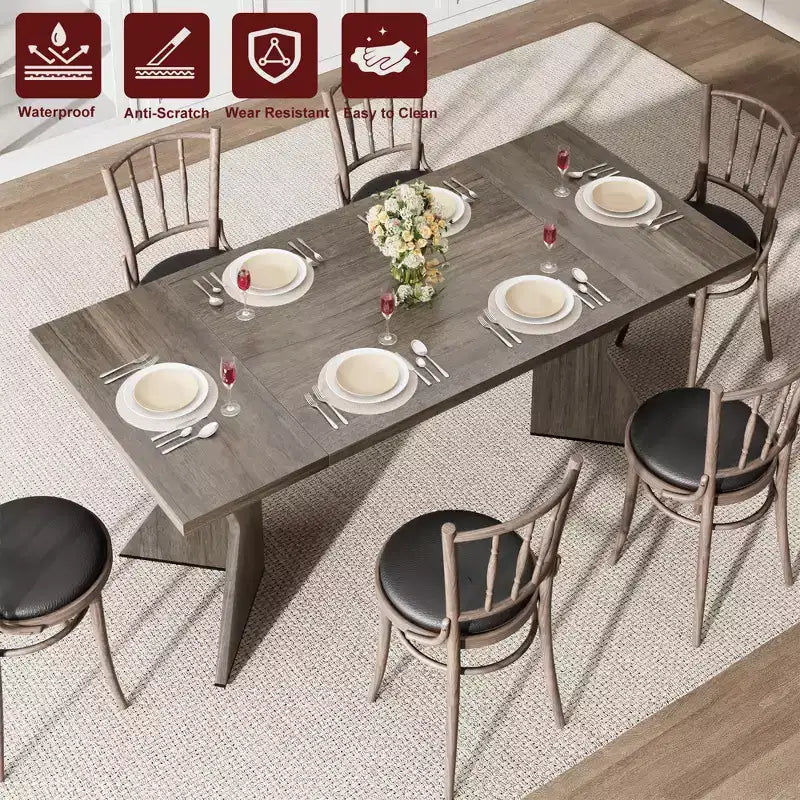 Table à manger rectangulaire 6 personnes avec pieds en C, style ferme rétro