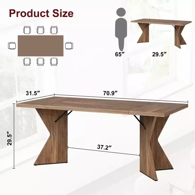 Table à manger rectangulaire 6 personnes avec pieds en C, style ferme rétro