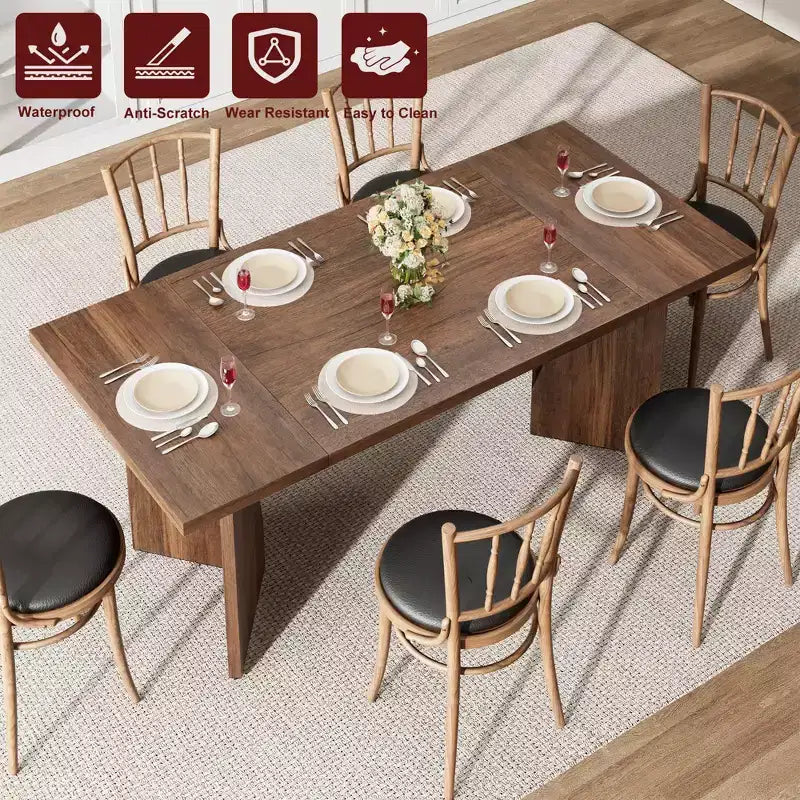 Table à manger rectangulaire 6 personnes avec pieds en C, style ferme rétro