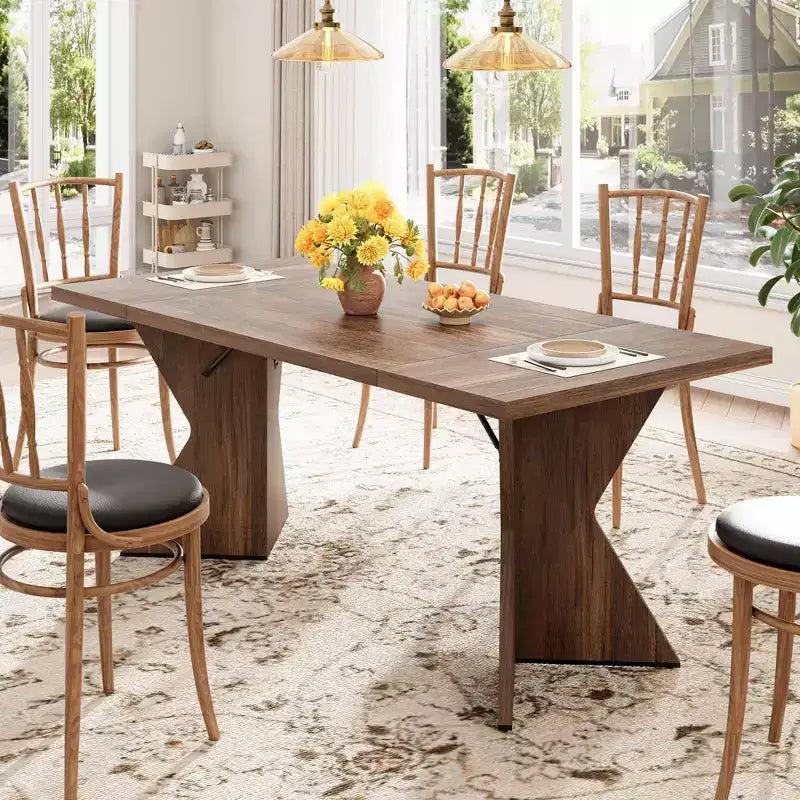 Table à manger rectangulaire 6 personnes avec pieds en C, style ferme rétro