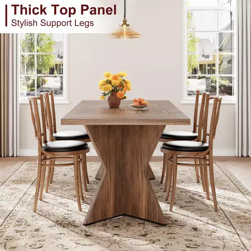Table à manger rectangulaire 6 personnes avec pieds en C, style ferme rétro