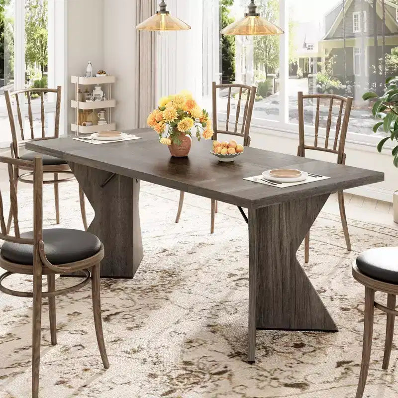 Table à manger rectangulaire 6 personnes avec pieds en C, style ferme rétro