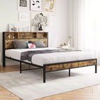 Okak Queen Size Bed Frame with Storage Headboard, Metal Platform Bed with Charging Station, Bookcase Storage for Bedroom, Living Room, Black