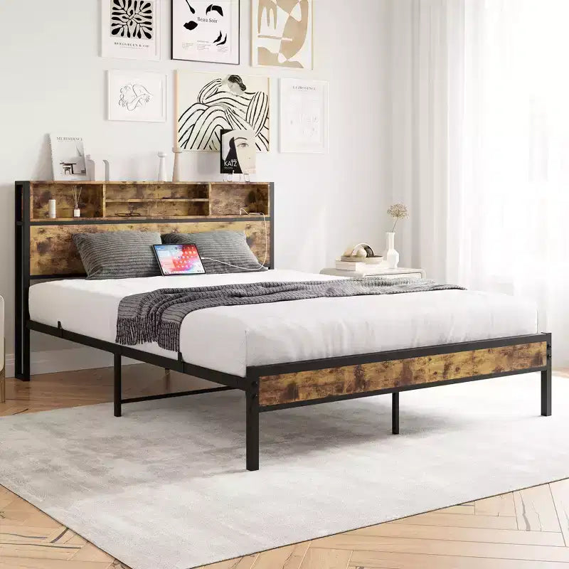 Okak Queen Size Bed Frame with Storage Headboard, Metal Platform Bed with Charging Station, Bookcase Storage for Bedroom, Living Room, Black
