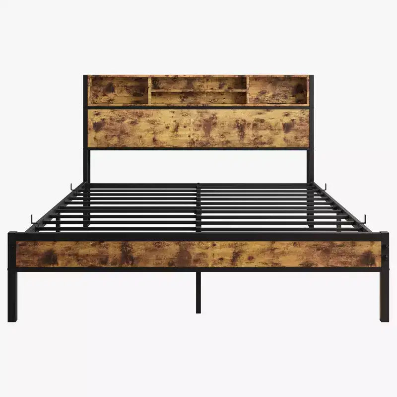 Cadre de lit queen size en métal avec tête de lit de rangement et station de recharge, noir