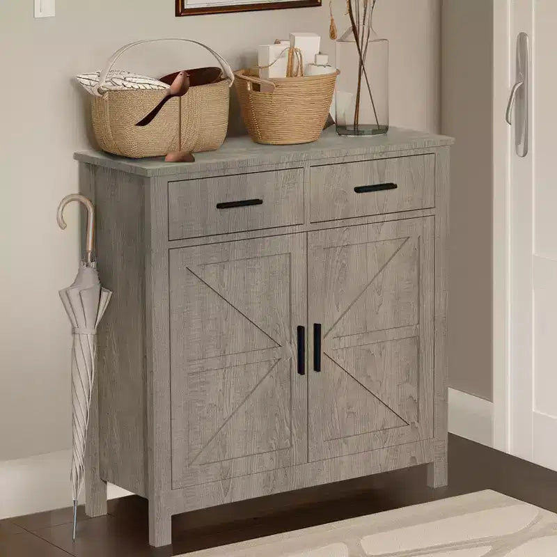 A modern farmhouse-style kitchen sideboard with two drawers and two doors for storage; it can also function as a freestanding coffee bar.