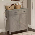 A modern farmhouse-style kitchen sideboard with two drawers and two doors for storage; it can also function as a freestanding coffee bar.