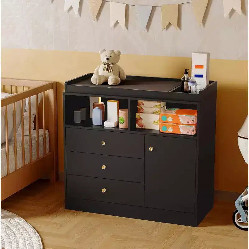 3-in-1 Baby Dresser with Changing Table, Wooden Nursery Dresser with 3 Drawers & Cabinet for Baby Clothes & Diaper Storage