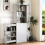 70.87in Display Storage Cabinet with 4-Tier Multi-functional Pull-out Shelf & 2 Glass Doors, Modern Wood Kitchen Pantry for Living Room Dinning Room