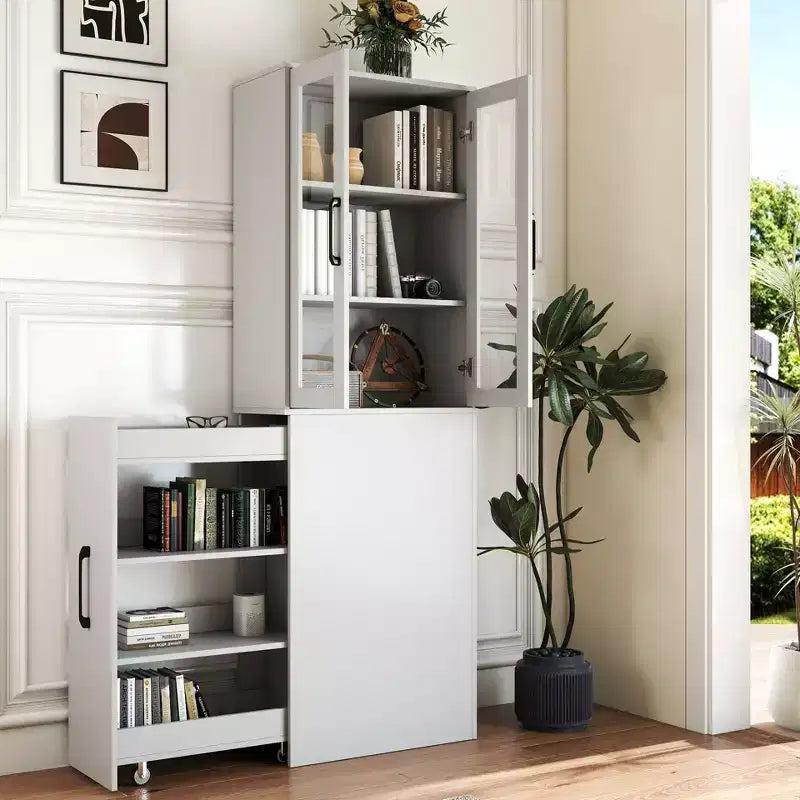 70.87in Display Storage Cabinet with 4-Tier Multi-functional Pull-out Shelf & 2 Glass Doors, Modern Wood Kitchen Pantry for Living Room Dinning Room