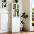 Meuble de rangement de 180 cm de haut avec 4 étagères coulissantes et 2 portes vitrées, buffet de cuisine en MDF