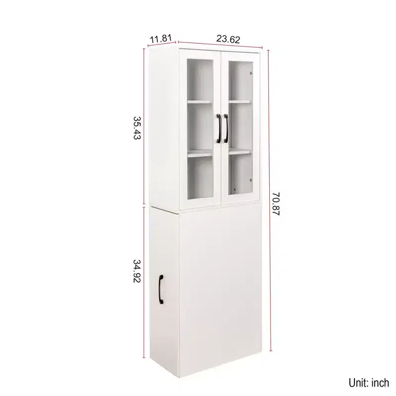 Meuble de rangement de 180 cm de haut avec 4 étagères coulissantes et 2 portes vitrées, buffet de cuisine en MDF