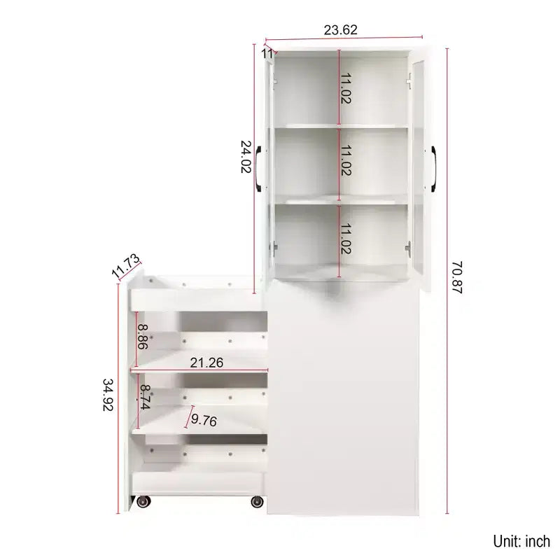 Meuble de rangement de 180 cm de haut avec 4 étagères coulissantes et 2 portes vitrées, buffet de cuisine en MDF