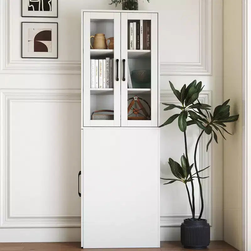 Meuble de rangement de 180 cm de haut avec 4 étagères coulissantes et 2 portes vitrées, buffet de cuisine en MDF