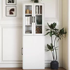 Meuble de rangement de 180 cm de haut avec 4 étagères coulissantes et 2 portes vitrées, buffet de cuisine en MDF