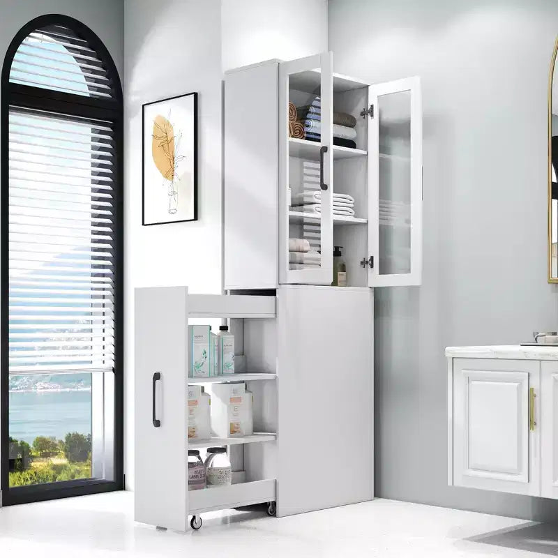 Meuble de rangement de 180 cm de haut avec 4 étagères coulissantes et 2 portes vitrées, buffet de cuisine en MDF