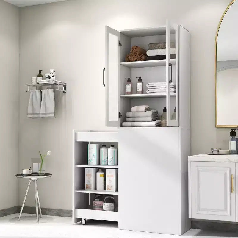 Meuble de rangement de 180 cm de haut avec 4 étagères coulissantes et 2 portes vitrées, buffet de cuisine en MDF