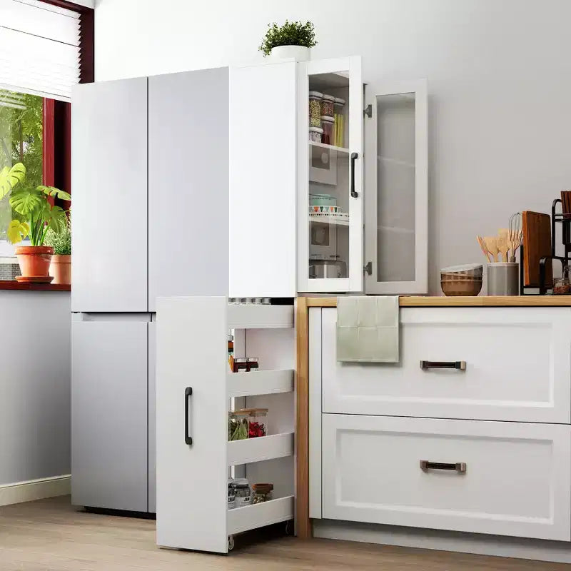 Meuble de rangement de 180 cm de haut avec 4 étagères coulissantes et 2 portes vitrées, buffet de cuisine en MDF