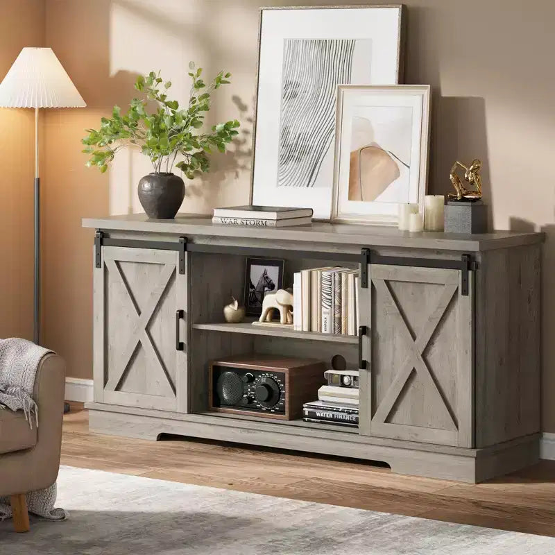 Farmhouse TV Stand for 65 Inch, Entertainment Center with Sliding Barn Door, TV Console Cabinet Furniture for Living Room-Grey