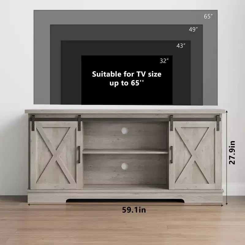 Meuble TV pour téléviseurs jusqu'à 65 pouces, centre de divertissement avec porte coulissante de style grange et armoires de rangement, gris