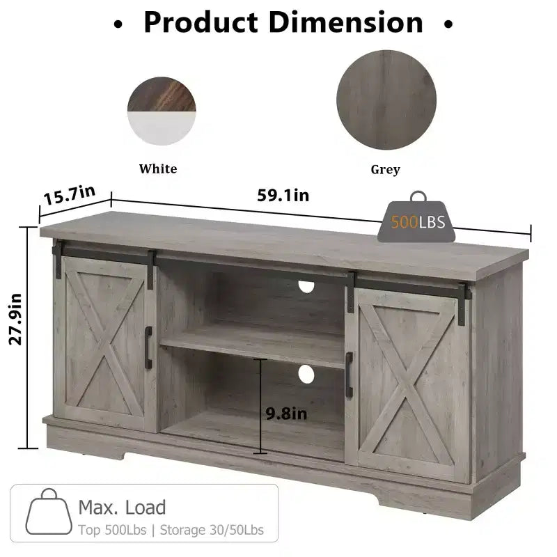 Meuble TV pour téléviseurs jusqu'à 65 pouces, centre de divertissement avec porte coulissante de style grange et armoires de rangement, gris