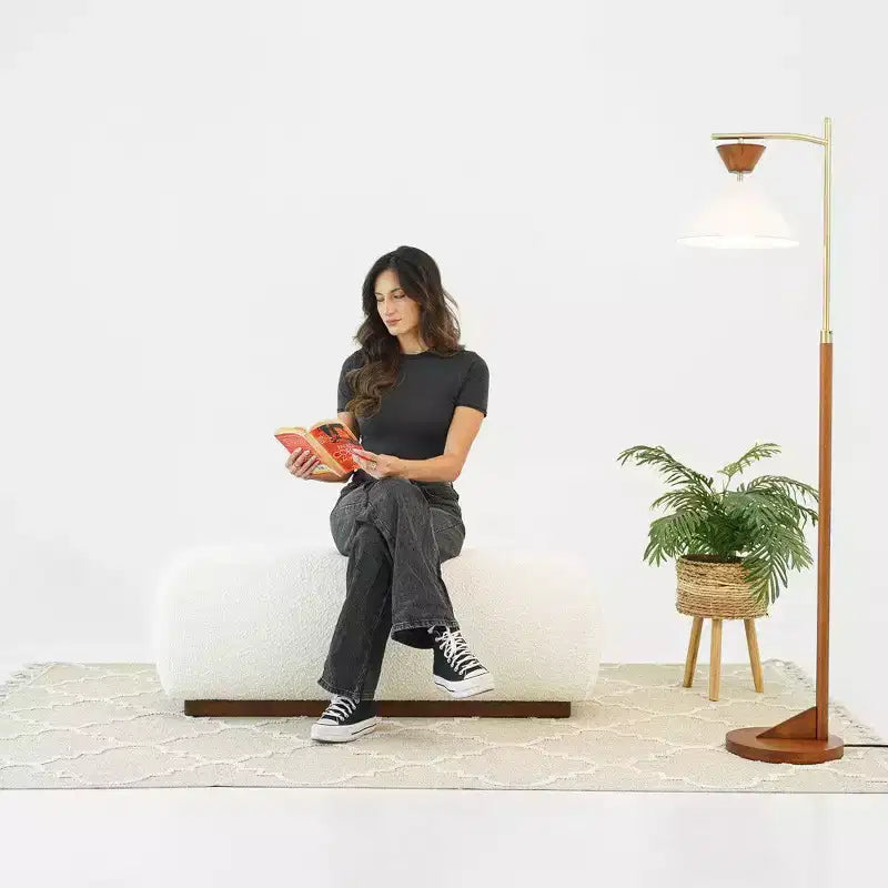 Banc Ottoman Rembourré en Boucle de 120 cm – Style Mid-Century Moderne, Ivoire