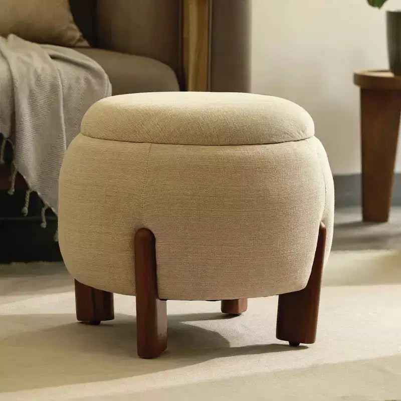 Pouffe rond tapissé avec pieds en bois de manguier, repose-pieds et siège supplémentaire pour chambre et salon