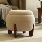 Pouffe rond tapissé avec pieds en bois de manguier, repose-pieds et siège supplémentaire pour chambre et salon