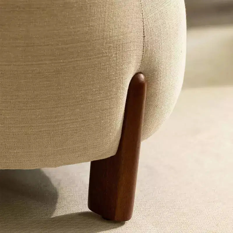 Pouffe rond tapissé avec pieds en bois de manguier, repose-pieds et siège supplémentaire pour chambre et salon