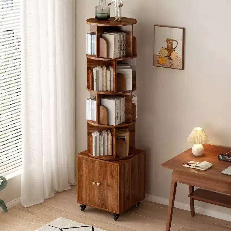 Rotating Bookshelf, 360 Degree Display 5 Tier Corner Bookshelf with Drawer for Small Space, Floor Standing Bookcase Storage Rack Wood Narrow Organizer