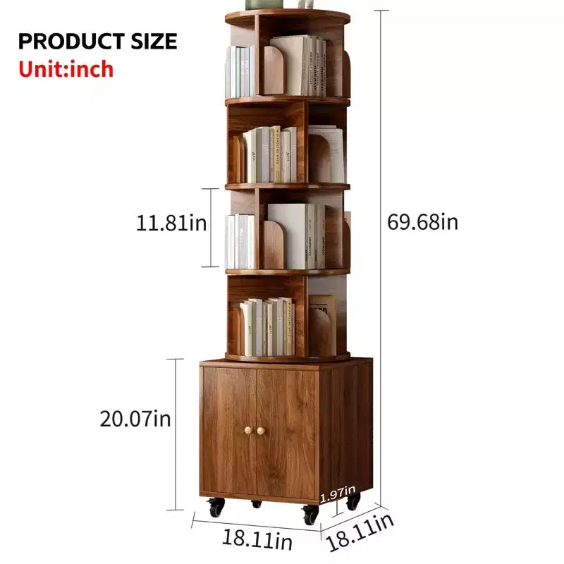 Étagère à livres rotative, bibliothèque à 5 niveaux sur pied avec tiroir et rotation à 360 degrés, organiseur en bois étroit