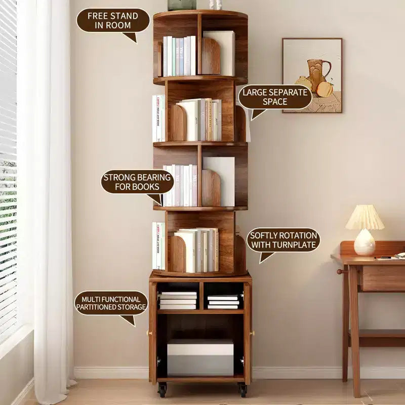 Étagère à livres rotative, bibliothèque à 5 niveaux sur pied avec tiroir et rotation à 360 degrés, organiseur en bois étroit
