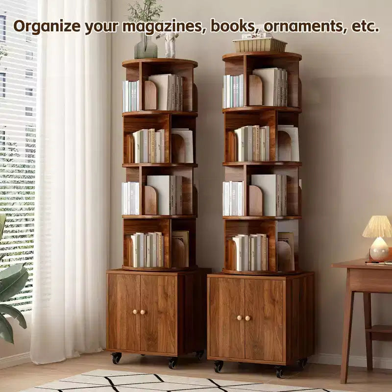Étagère à livres rotative, bibliothèque à 5 niveaux sur pied avec tiroir et rotation à 360 degrés, organiseur en bois étroit