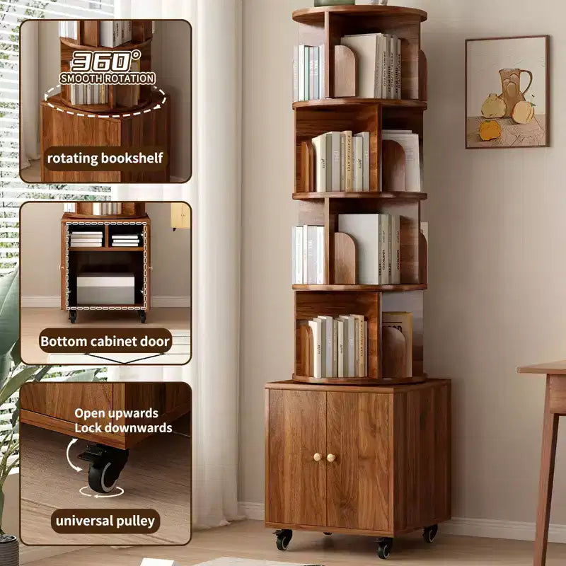 Étagère à livres rotative, bibliothèque à 5 niveaux sur pied avec tiroir et rotation à 360 degrés, organiseur en bois étroit