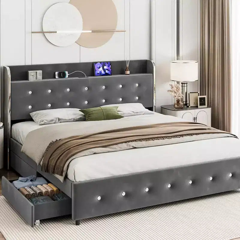 Queen Bed Frame, with Shelves and Charging Station, 4 Storage Drawers, Noiseless Sturdy Wooden Board Support, no Spring Box Required, Grey
