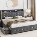 Queen Bed Frame, with Shelves and Charging Station, 4 Storage Drawers, Noiseless Sturdy Wooden Board Support, no Spring Box Required, Grey