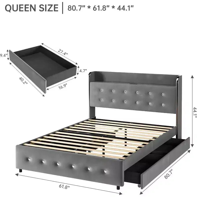 Cadre de lit Queen avec 4 tiroirs de rangement, station de recharge et étagères de tête de lit – Aucun sommier tapissier requis