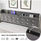 Cadre de lit Queen avec 4 tiroirs de rangement, station de recharge et étagères de tête de lit – Aucun sommier tapissier requis