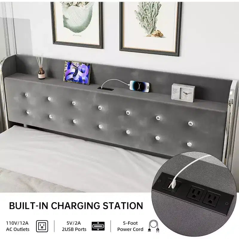 Cadre de lit Queen avec 4 tiroirs de rangement, station de recharge et étagères de tête de lit – Aucun sommier tapissier requis