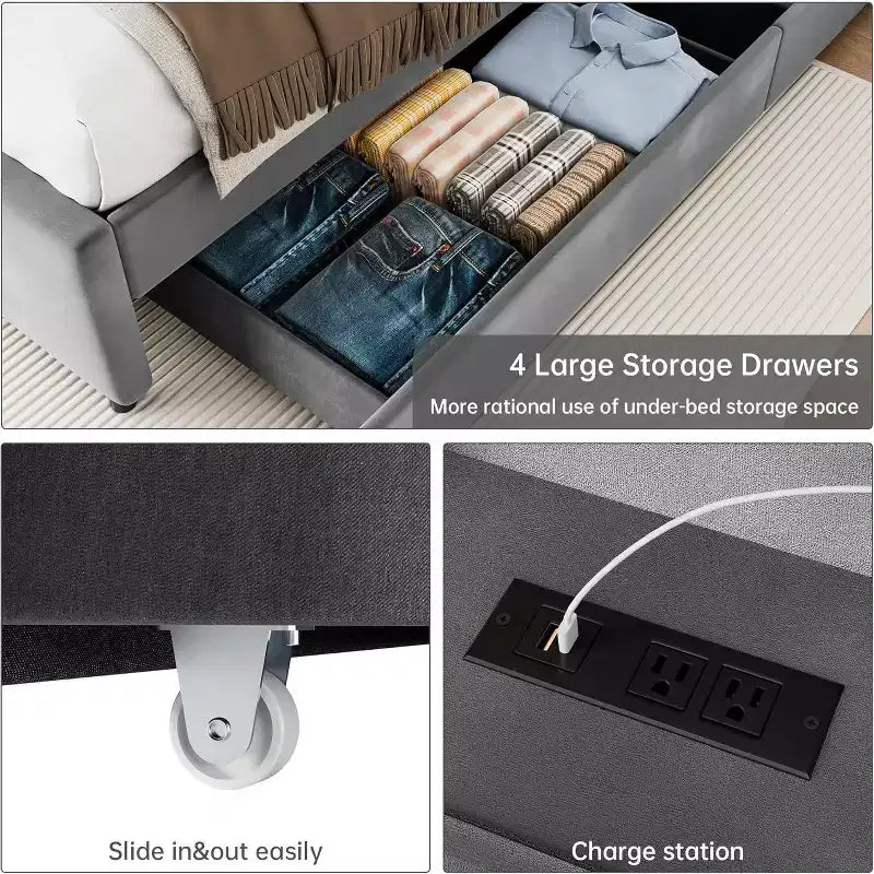 Cadre de lit Queen avec 4 tiroirs de rangement, station de recharge et étagères de tête de lit – Aucun sommier tapissier requis