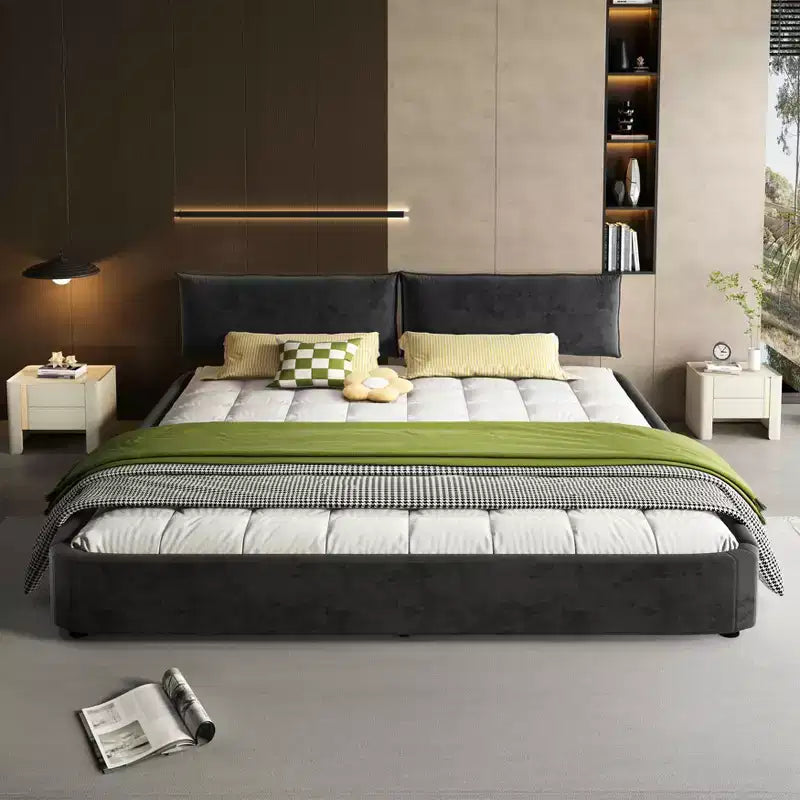 MAYEERTY King Size Cloud Bed Frame with Oversized Padded Movable Headboard, Round Corner, Metal Solid Wooden Slat Double Support Dark Gray