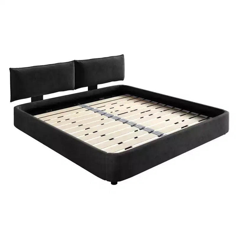 Cadre de lit plateforme King Size avec tête de lit rembourrée réglable, coins arrondis, support à lattes en métal et bois, gris foncé