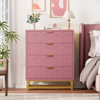 Pink Dresser for Bedroom, 4 Drawer Wooden Dresser with Gold Handles, Modern Storage Dressers & Chests of Drawers for Hallway, Entryway