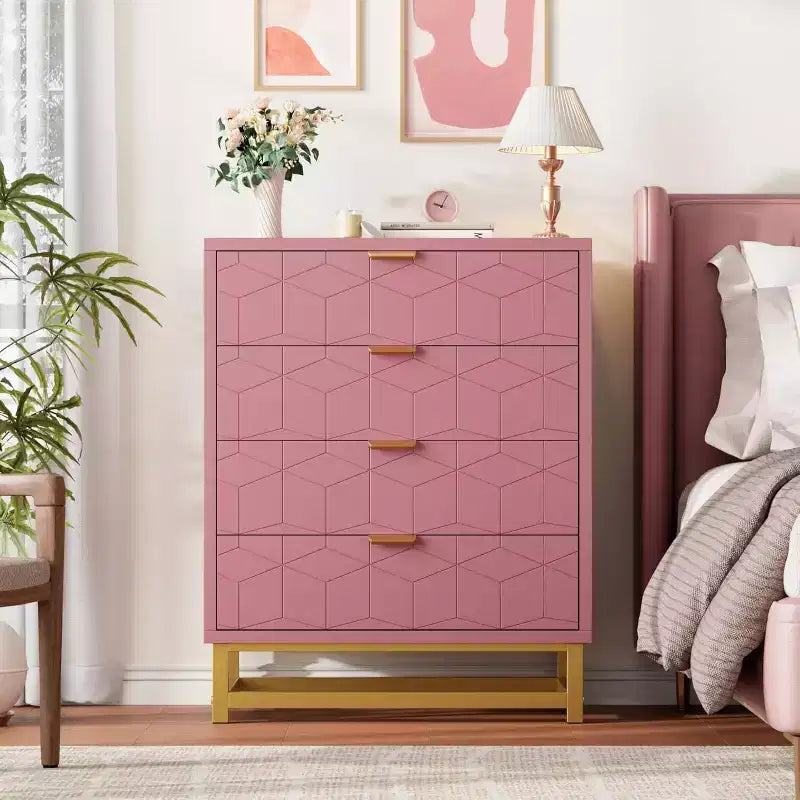 Pink Dresser for Bedroom, 4 Drawer Wooden Dresser with Gold Handles, Modern Storage Dressers & Chests of Drawers for Hallway, Entryway