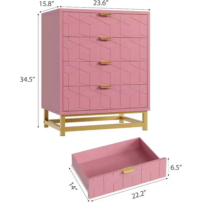 Commode à 4 tiroirs avec façades à motif ondulé et poignées métalliques