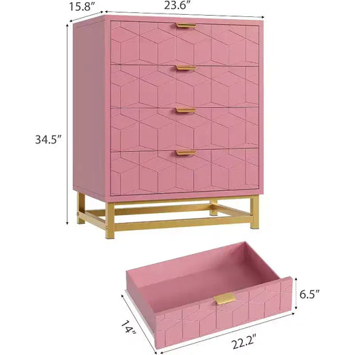 Commode à 4 tiroirs avec façades à motif ondulé et poignées métalliques