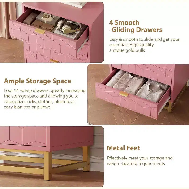 Commode à 4 tiroirs avec façades à motif ondulé et poignées métalliques