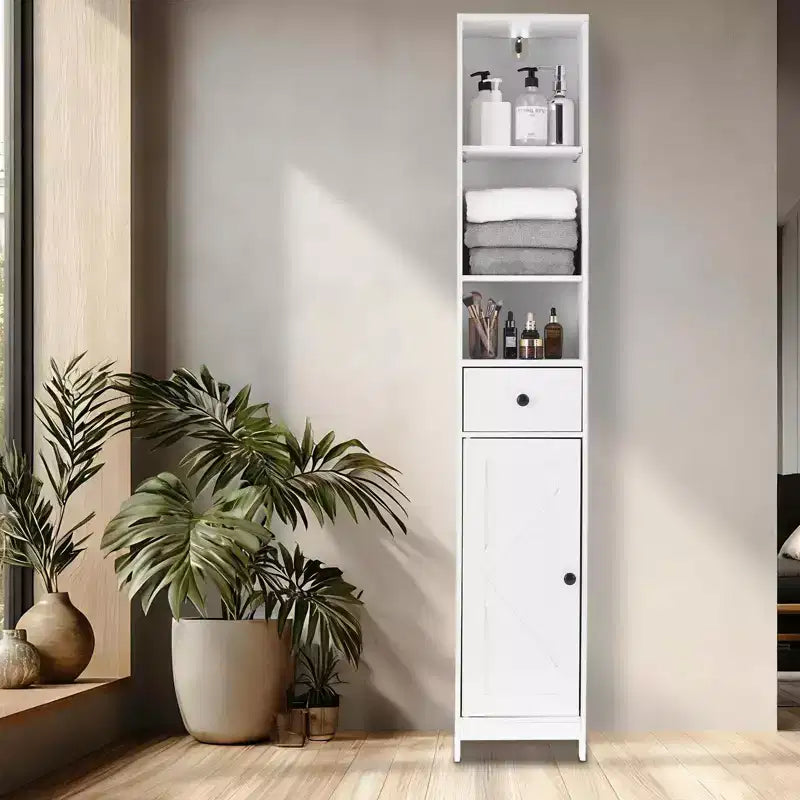 COZONY Tall Freestanding Storage Cabinet, Narrow Bathroom Organizer w/ Sliding Doors, Drawer & Adjustable Shelves