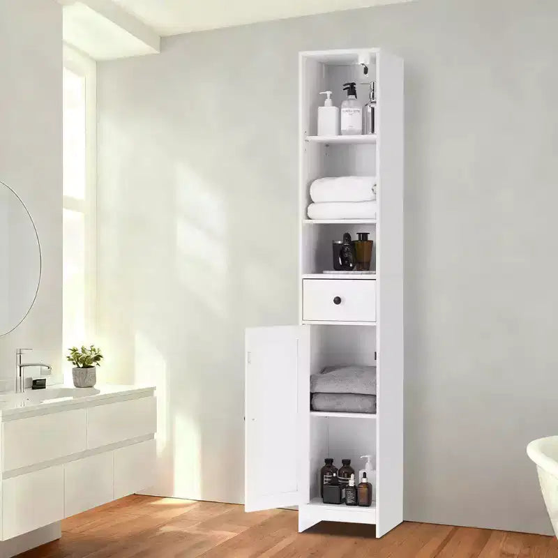 Grande armoire de rangement autoportante avec portes coulissantes, tiroir et étagères réglables