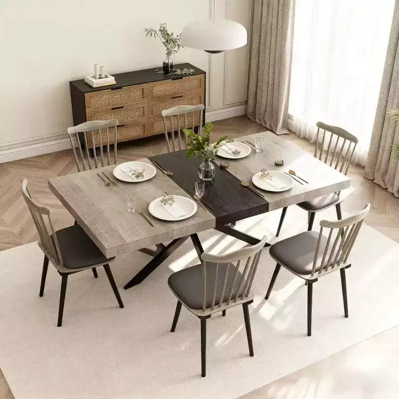 Table à manger rectangulaire extensible avec panneau contrastant et piètement en métal